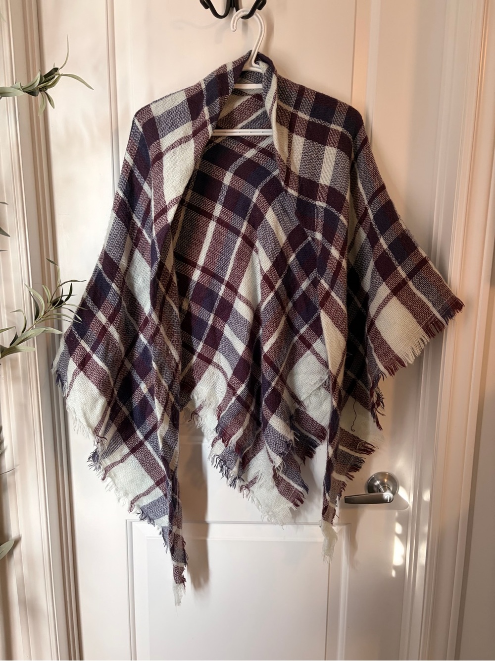 Cozy Plaid Fringed Blanket Scarf - Cream and Burgundy